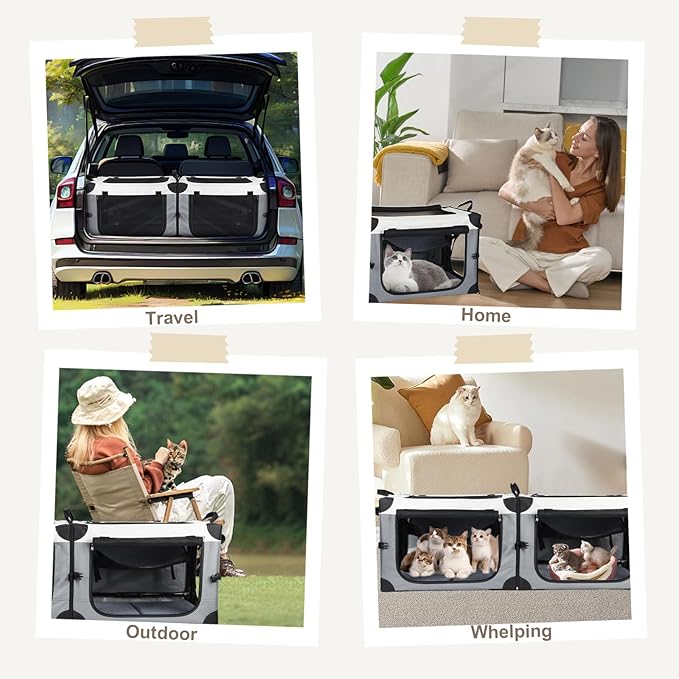 Lekereise Collapsible Dog Crate for Travel - 23.6"x16.5"x16.5" Portable Soft Foldable Playpen for Dogs and Cats, Grey, Large