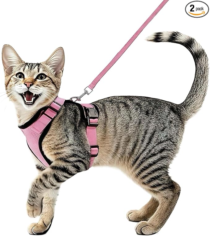 Cat Harness and Leash Set,Escape Proof Adjustable Cat Harness,Soft and Breathable Kitten Harness and Leash with Reflective Strips for Walking and Traveling (Pink, X-Small(3.3-8.9lb))