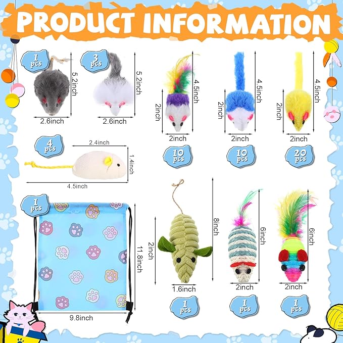 Leitee 51 Pcs Assorted Mice Cat Toys Bulk with Cat Paw Gift Storage Bags Set, Small Furry Mouse Kitten Toy for Indoor Cats, Interactive Play Color Varies (Mix Mice)
