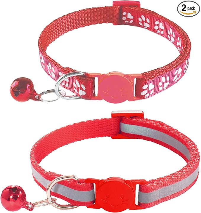 2 Pack Breakaway Cat Collars with Bells, Reflective Design and Claw Print Design, Safety Buckle, Adjustable 7.5-12.5 Inches for Kittens & Cats (Red)