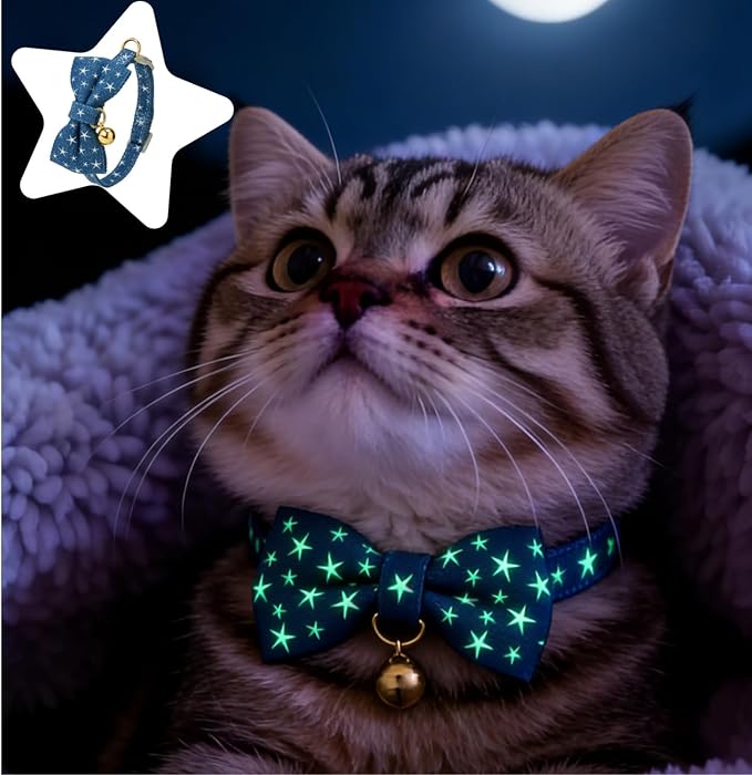 2 Pack Cat Collars with Bell,Glow in The Dark,Cute Star Bow Tie Collar for Cats,Adjustable Safety Breakaway Kitten Collar for Night Walking & Outdoor Use(Adult Cat,GD Star Blue)