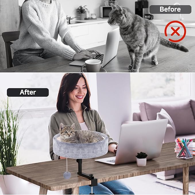 Chumajor Cat Desk Bed - 360° Rotating & Adjustable, Supports 50 lbs, Soft Faux Fur with Dual-Sided Reversible Mat, Modern Indoor Cat Nest Furniture for Office Desks and Game Tables, Island Table