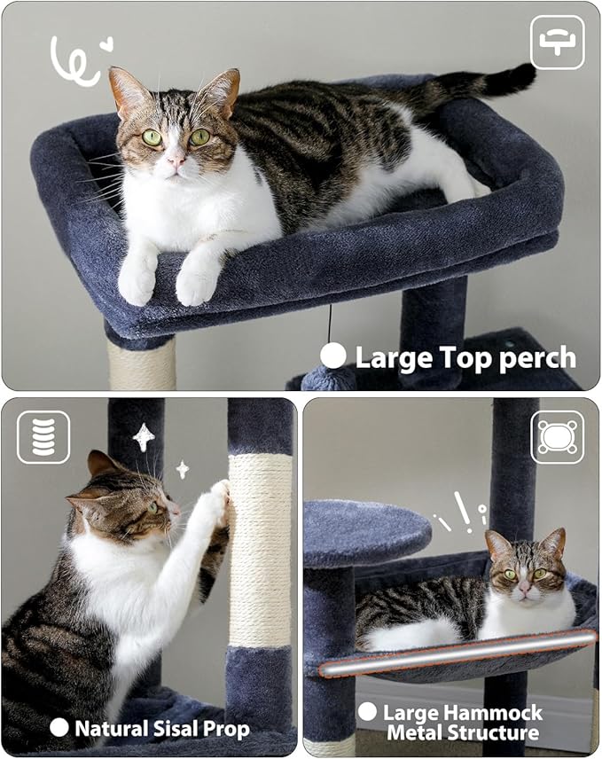 MUTTROS Cat Tree for Large Cats with Metal Plush Big Hammock, 56.3" Cat Tower for Indoor Cats with 2 Door Condo House, 6-Tier Cat Shelves with Scratching Posts and Large Top Perch, Dark Gray