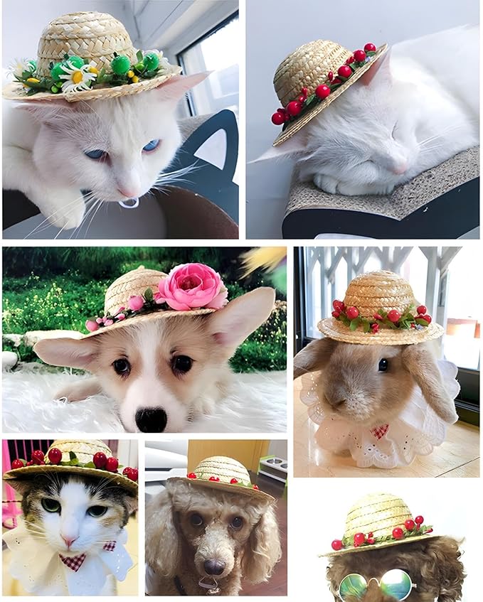 NACOCO Cat Hat Sunflower Straw Hat Handcrafted Rose Lovely Sun Cap Accessories for Small Dogs and Cats Photograph (M, Pink Rose)