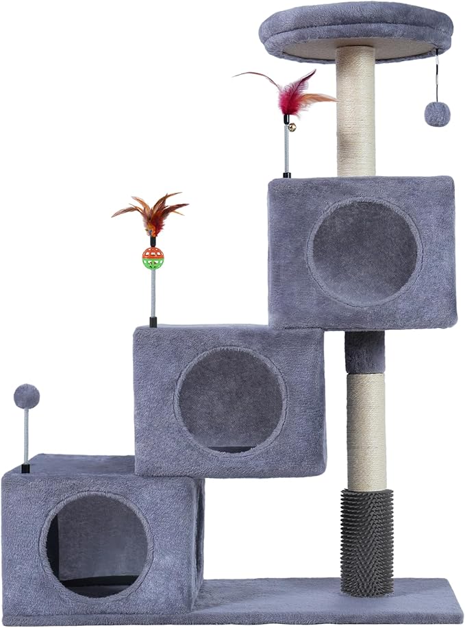Cat Tree Tower for Indoor Cats, Cat Tree with 3 Spacious Cat Houses & Condos, Full Sisal Scratching Posts and Cat Scratcher Toys, Grey