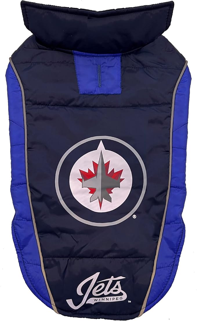 Pets First NHL Winnipeg Jets Puffer Vest for Dogs & Cats, Size Large. Warm, Cozy, and Waterproof Dog Coat, for Small and Large Dogs/Cats. Best NHL Licensed PET Warming Sports Jacket