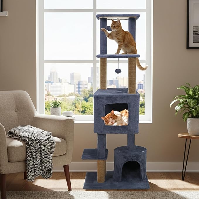 Tangkula 64 Inch Tall Cat Tree, Multi-Level Cat Tower with 2 Large Condos, Jute Scratching Posts, Plush Top Perch, Dangling Toys, Cat Climbing Furniture for Indoor Adult Cats & Kittens (Dark Gray)