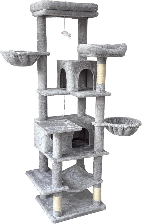 68" Grey Cute Cat Tree for Indoor Cats Large Adult, Tall Cat Tower with Scratching Post & Condo, Hammock, Aesthetic Cats Stand, Modern, Easy Assembly (Light Grey, 68" Tall)