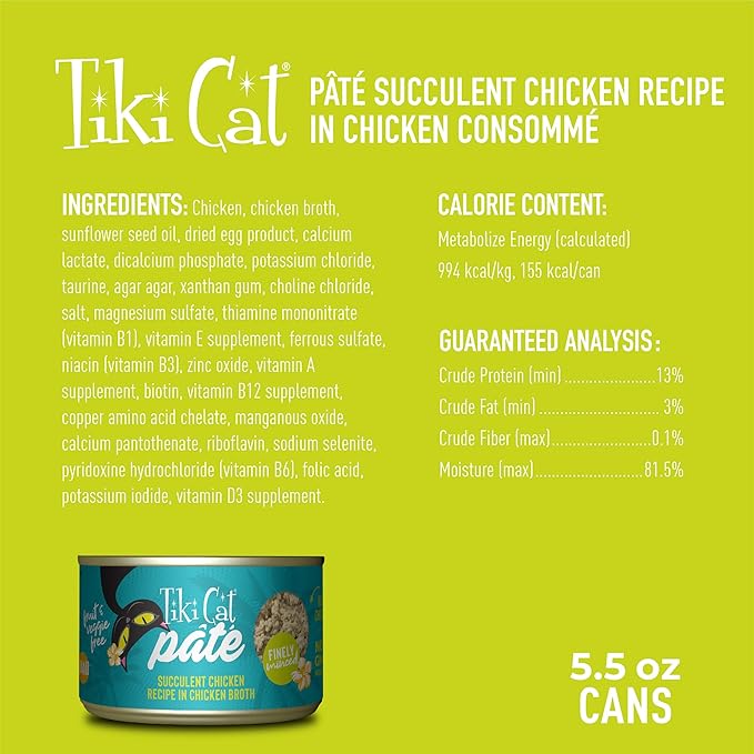 Tiki Cat Luau Pate, Succulent Chicken Recipe in Broth, Grain-Free Balanced Nutrition Wet Canned Cat Food, for All Life Stages, 5.5 oz. Can (8 Count)