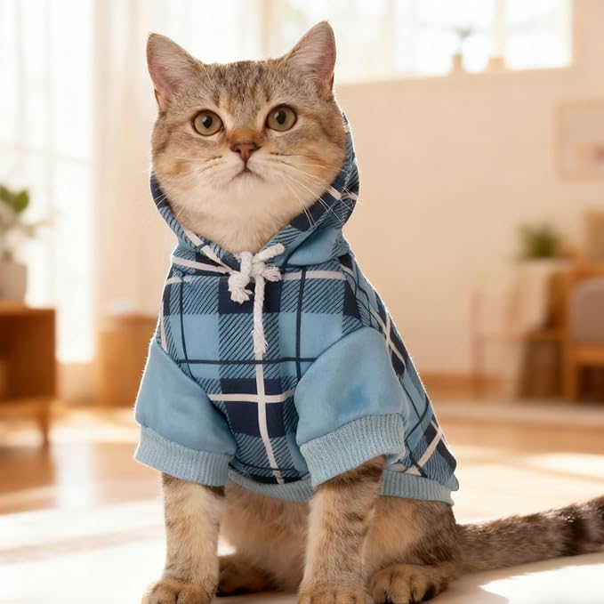 EXPAWLORER Plaid Cat Hoodie - British Style Warm Cat Sweater Shirt with Leash Hole,Pet Clothes Outfits,Winter Coat Apparel for Puppy Cats Girl Boy-Kitten Apparel,Blue L