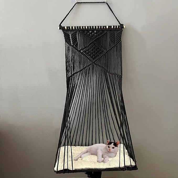 Macrame Cat Hammock - Hanging Cat Swing Bed for Indoor Sleeping, Playing, Climbing, and Lounging (Black)