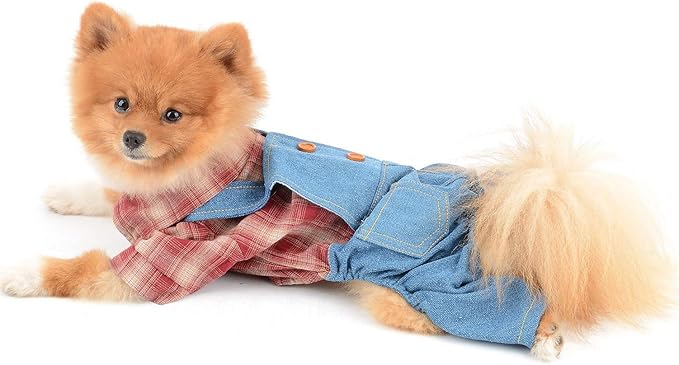 Shirt with Bib Pants for Dogs Plaid Tank Tops Tshirt Outfits for Small Male Dogs Puppies Chihuahua Overalls for Cats Apparel for Kittens Summer Adorable Pets Clothes Short Sleeves Red L