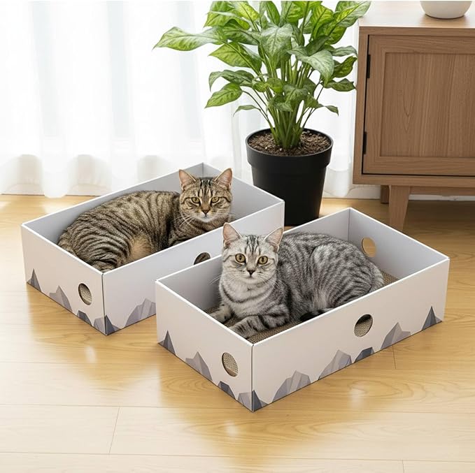 Conlun Cat Scratcher Box with 3-Layer Corrugated Pad, Heavy-Duty Double-Sided Cardboard Scratching Board & Bed, Checkered Design, for Cats, Large 2-Pack