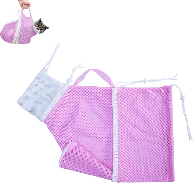 Cat Bathing Grooming Bag - Anti Bite & Anti Scratch Adjustable Pet Restraint for Bathing, Nail Trimming, Medicine, Injection - Secure & Calming with Adjustable Straps & Zippers (Pink)