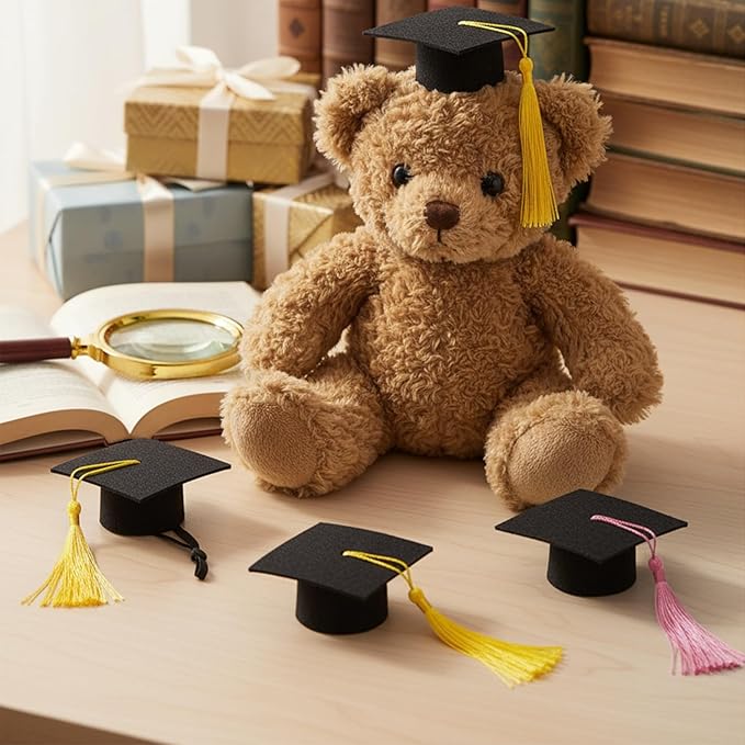 Mini Graduation Caps with Gold and Pink Tassel, 2 Pack Black Mini Graduation Caps, Small Animal Bachelor Hats for Adjustable Pet Graduation Photo Props Cat Dog Holiday Costume Accessories