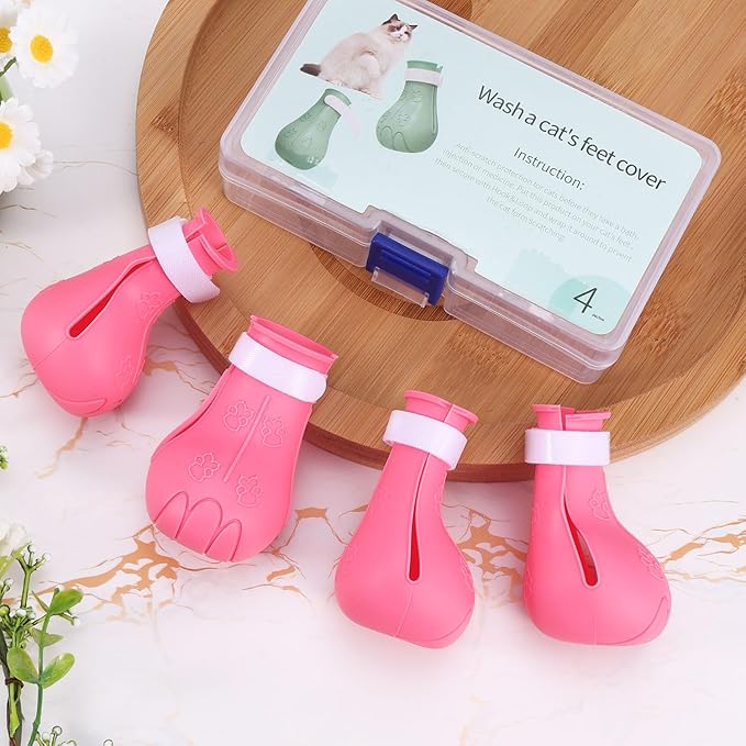 Gosknor 4pcs Cat Feet Covers, Adjustable Anti-Scratch Anti-Bite Silicone Kitten Paw Claw Caps Boots for Nail Trimming Bathing Checking Multifunctional Pet Grooming Protector Products (Pink)