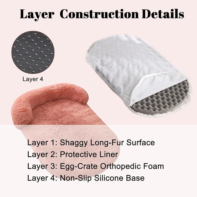 Orthopedic Dog Bed with Egg-Crate Base, Calming Dog Beds Fluffy Plush Faux Fur with Raised Edges, Spine Friendly Pet Sleeping Mat for Medium Large Dogs, Easy Wash (Oval, Blush Pink 40"x30")