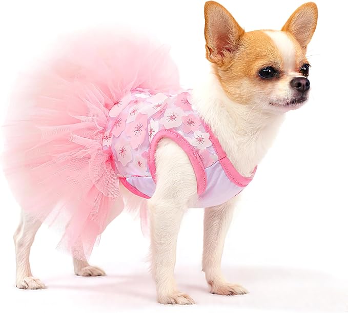 Dog Dress, Fashion Puppy Tutu Princess Dresses for Small Dogs Girl, Sweet Skirt with Dog Bowknot Clips, Spring Dog Cat Clothes Pet Apparel (Pink Floral Dress, X-Small)