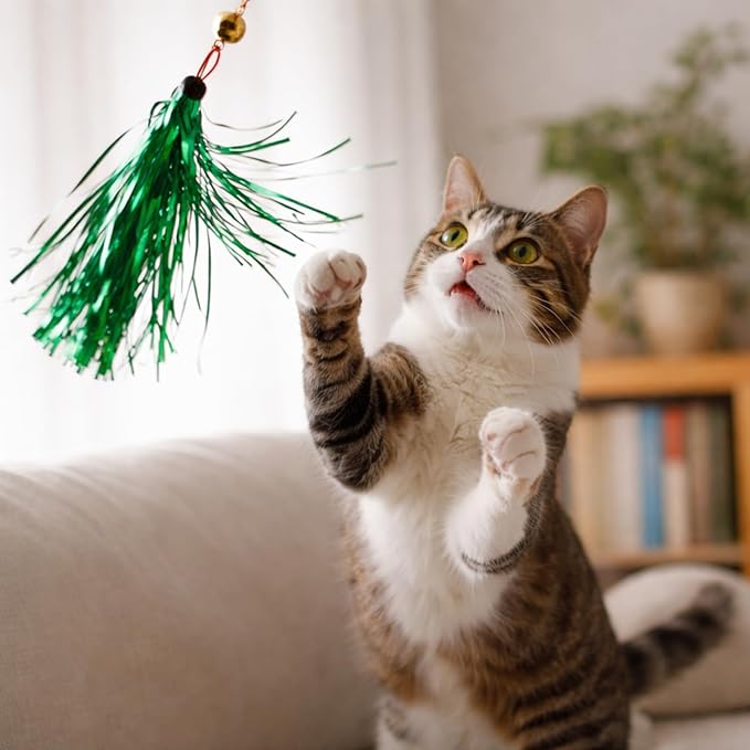 LUOZZY 8 Pcs Cat Teaser Wand Replacement with Bell Metallic Foil Tassel Cat Wand Toys Interactive Catcher Teaser for Pet, Random Color