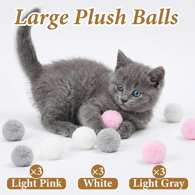 Abeillo 9 Pieces Furry Cat Toys Fuzzy Cat Balls Toys Pom Pom Kitty Ball Cute Rolling Cats Toy Artificial Plush Ball (Pink, Grey, White)