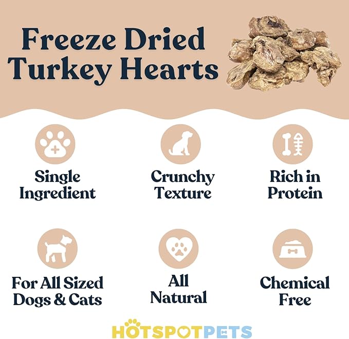 hotspot pets Freeze Dried Turkey Hearts Treats for Cats & Dogs - Made in USA, 1lb Big Bag, Single Ingredient All Natural Grain-Free Turkey Heart - Great for Training, as a Topper or Snack