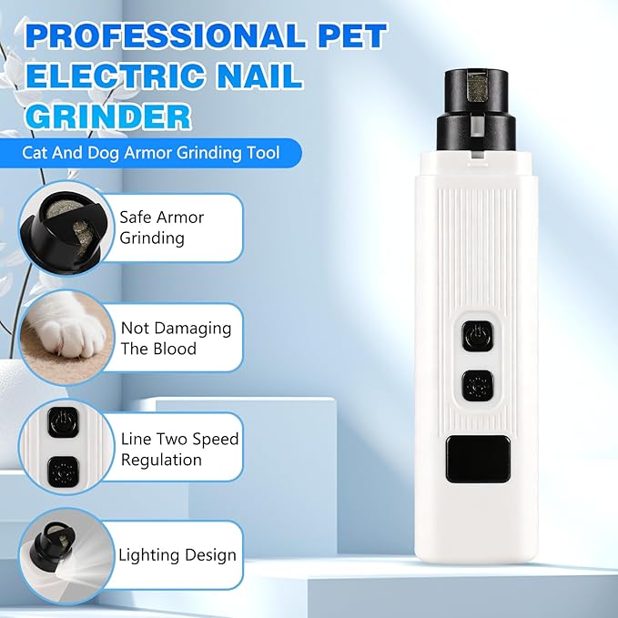 Cat Nail,2-Speed Electric Pet Nail Grinder, Safe Cut Cat Nail Trimmer Rechargeable Dog Nail Clippers with Light, Cat Nail Claw Clippers,Low-Vibration Ultra-Quiet for All Cats ＆Dogs (White)