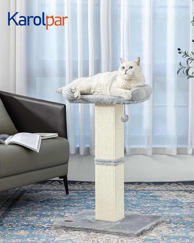 Karolpar 32" Cat Scratching Post for Indoor Cats, Sisal Cat Scratcher with Plush Perch, Large Scratch Post with Bed, Removable Cover, Sisal Fabric,Light Grey