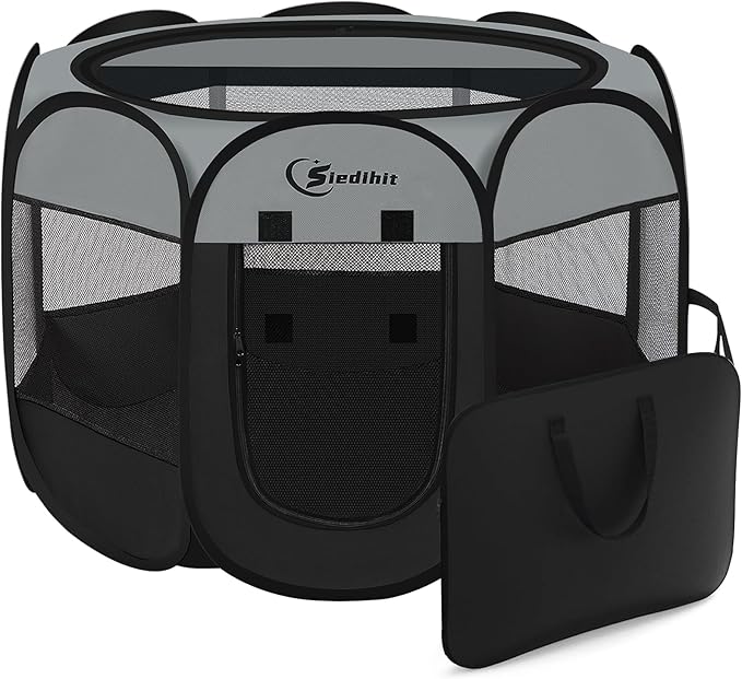 Siedihit Dog Cat Playpen, Puppy Pet Playpen Indoor for Dog Crate Tent Cage Outdoor, Portable Pop Up Dogs Enclosure Kennel with Carrying Case for Dogs/Cats/Rabbits (Dark Grey, Medium)