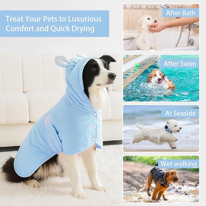 Pet Bathrobe Towel Dog Cat Drying Coat Super Absorbent Cute Dogs Bath Towel Hooded Robe Adjustable Collar & Belly Strap for XSmall to XLarge Pets (Blue, Large)