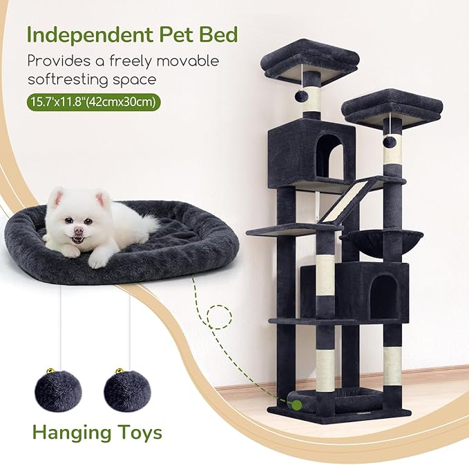 Globlazer 74in Heavy Duty Cat Tree for Large Indoor Cats, Multi-Level Cat Tower with Scratching Post, Cat Condos with Climbing Ladder, Hammock, Extra Large Top Perches, Pet Bed, F74D, Dark Grey