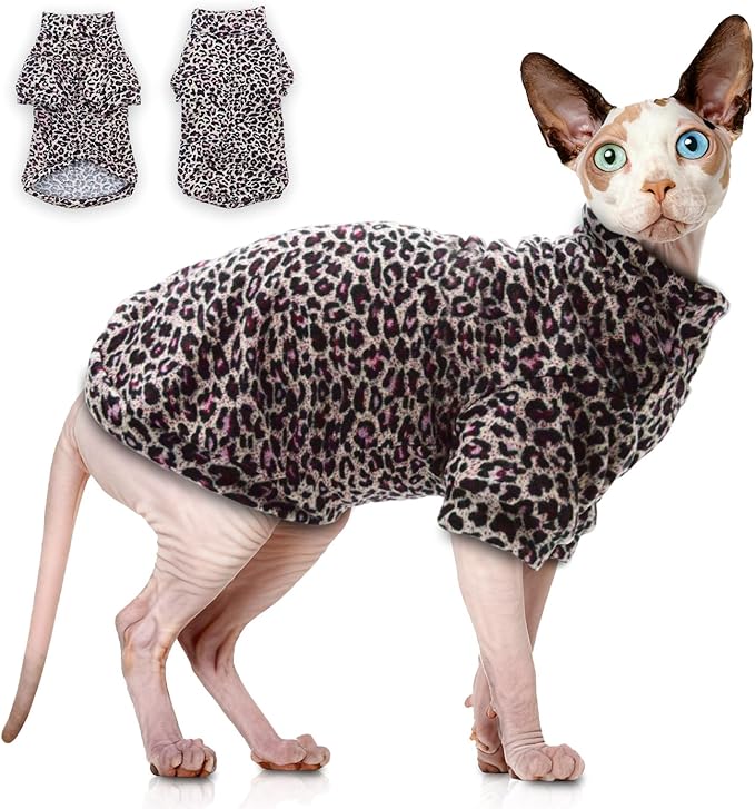 Sphynx Cat Sweater Hairless Cat Clothes Sweater Shirt Soft Warm Long Sleeves Pullover Pet Clothes Pajamas Dog Cloth for Small Dogs Jumpsuit Pet Sweaters (Purple Leopard, Small)
