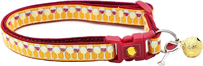 Wine Cat Collar with Bell | Safety Breakaway | Adjustable Large Size or Kitten Collar (Large(10lbs & Up), Gold)