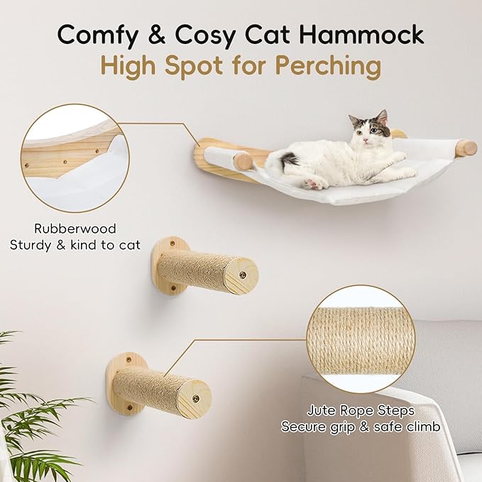 Faux Rabbit Fur Cat Wall Hammock - 2-Step Climbing Shelf, Wall Mounted for Indoor Large Cats