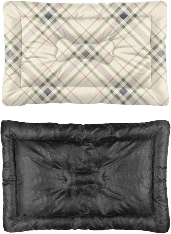 Cream Green Pink Plaid Pet Bed Non Slip Bottom Cat Cushion Pad Cozy Soft Dog Sleep Mat Furniture for Pet Printed Dog Crate Pad Gift Warm Mat 24× 18 Inch Indoor Outdoor