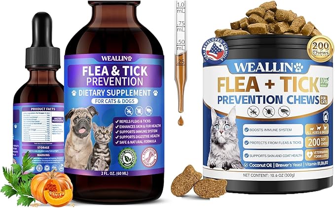 WEALLIN Flea and Tick Prevention Support Drop for Dogs & Cats + 200 Chews for Cats | Pets Oral Natural Supplement Flea and Tick Treatment for All Breeds and Ages