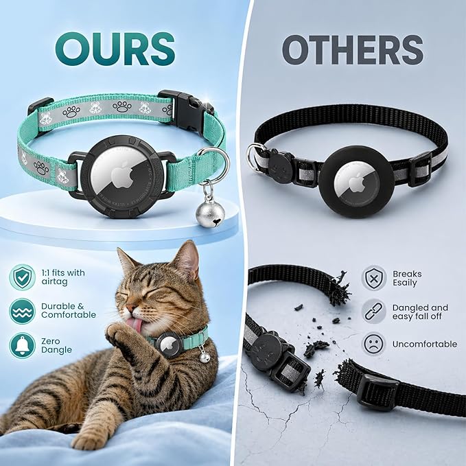 Reflective AirTag Cat Collar, Integrated Cat Tracker Collar with Air Tag Holder and Bell, Safety Elastic Band Cat GPS Collars for Girl Boy Cats, Kittens and Puppies (Green,S)
