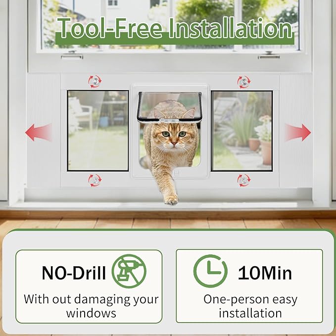 Cat Door for Window, Aluminum Window Pet Door for Cats & Small Dogs, Width Adjustable to Fit Width 23"-28", 4 Locking Modes, Magnetic Close, Weatherproof Design