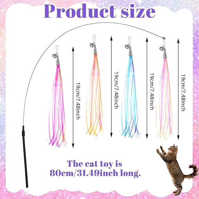 salbsever Cat Wand Toys, Colorful Cat Toys with Bells 31.5" Cats Teaser Wand and 4 Tassles for Indoor Cats Keeping Fit