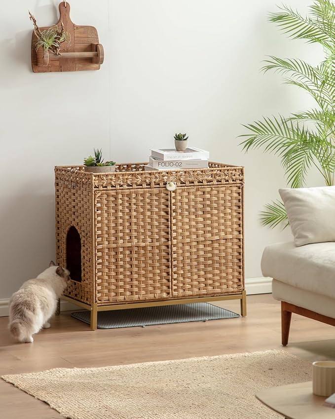 SETVSON Cat Litter Box Enclosure Furniture, Hidden Handwoven Rattan Litter Box with Mat, Large Cat House with Metal Heightened Feet, 30.3 x 18.3 x 28 Inches, Indoor for Living Room, Bedroom Natural