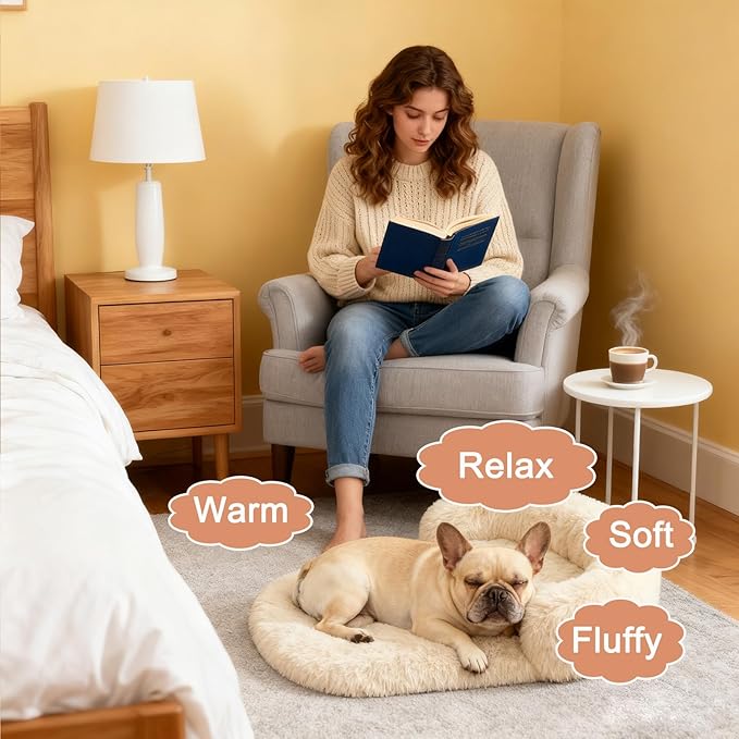Orthopedic Dog Bed with Egg-Crate Base, Calming Dog Beds Fluffy Plush Faux Fur with Raised Edges, Spine Friendly Pet Sleeping Mat for Medium Large Dogs, Machine Washable (Oval, Beige 32"x24")