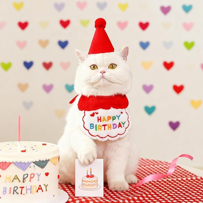 Reusable Cat Birthday Decorations Set - Adjustable Cat Birthday Hat & Bandana with Age Numbers | Kitty Celebration Kit for Memorable Milestones（Red）