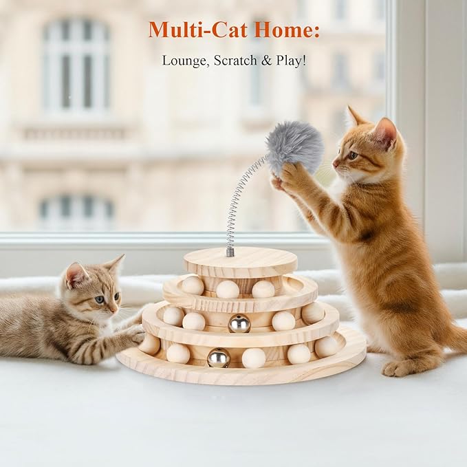 Large Upgraded Cat Track Ball Toy with Bell & Teaser Wand - 3-Layer Tower Roller, Interactive Wooden Cat Toy for Mental & Physical Exercise, Double Fun for Kittens & Adult Cats