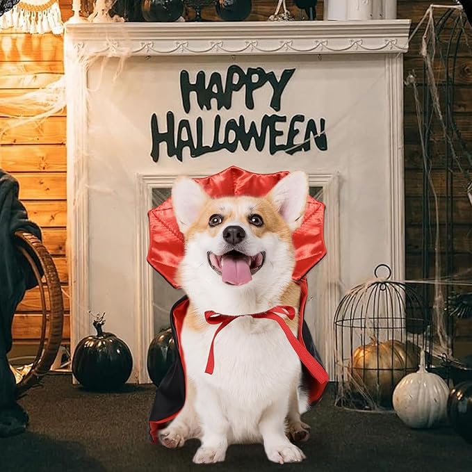 ROSAUI Halloween Pet Vampire Cape – Adjustable Red & Black Costume for Cats & Small Dogs 15.74″ Spooky Cloak with Stand-Up Collar Funny Halloween Pet Outfit (S Size)