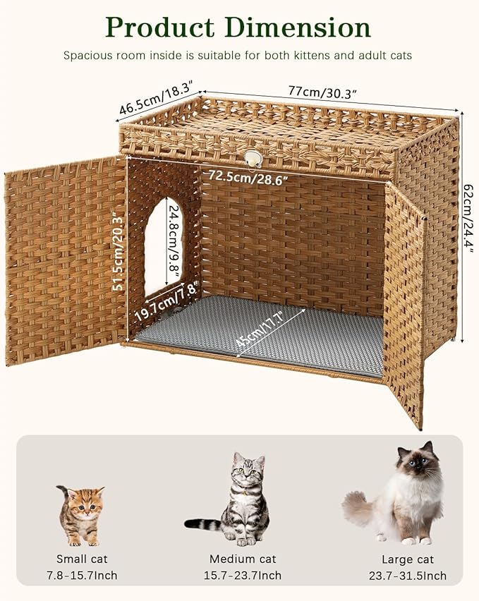 SETVSON Cat Litter Box Enclosure Furniture, Handwoven Rattan Hidden Litter Box with Mat, Large Space Cat House with 2 S-Shaped Hooks 30.3 x 18.3 x 24.4 Inches, Indoor for Living Room Apartment Natural