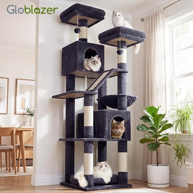 Globlazer 74in Heavy Duty Cat Tree for Large Indoor Cats, Multi-Level Cat Tower with Scratching Post, Cat Condos with Climbing Ladder, Hammock, Extra Large Top Perches, Pet Bed, F74D, Dark Grey