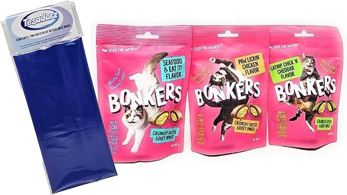 Bonkers Crunchy Cat Treats, 3oz (Variety Pack of 3 - Chicken, Seafood, Catnip) and Resealable Bags
