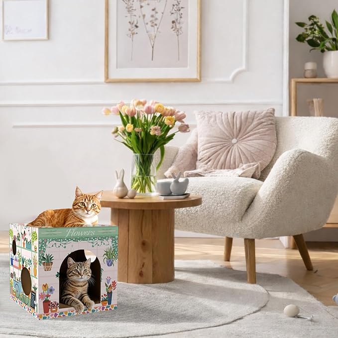 Cinrobiye Cardboard Cat House with 2 Pcs Scratching Pad，Pet Hideaway Cave Board Bed Playhouse Condo Box Decor Small Animals Scratcher Bed for Indoor Cats Kittens Rabbits Bunny