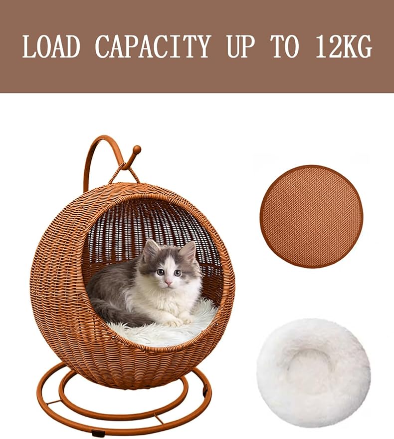 Wicker Cat Bed Indoor & Outdoor, Handwoven PP Rattan Cat Swing Bed with Removable Washable Cushion, Breathable Waterproof Cat House for Cats & Small Dogs (Large–16.9" L × 25.98" H)