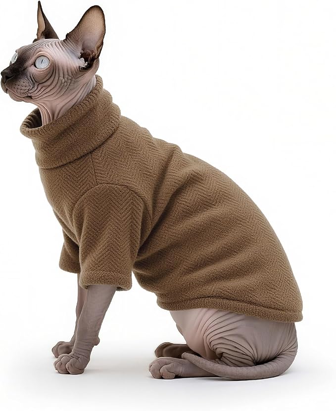 Idepet Sphynx Cat Warm Turtleneck Sweater Hairless Cats Shirt Pullover Kitten T-Shirts Thick Soft Fleece Clothes Cute Outfit Coat Pajamas for Cats and Puppy (Coffee, Small)