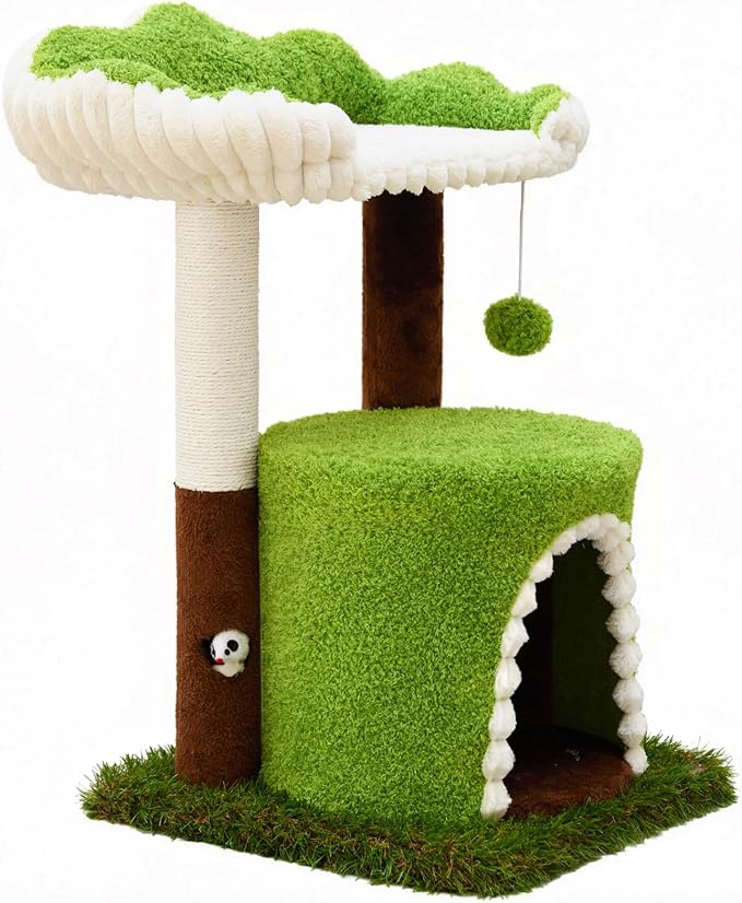Woochpet Multi-Level Cat Tree with Sisal Scratching Post, Small Cat Tower with Cozy Condo, Soft Top Perch and Interactive Toy Mouse, Cute Forest Design Cat Furniture for Indoor Cats and Kittens